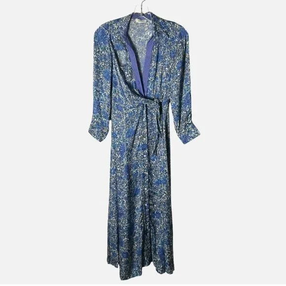 Sandro Dress Size 0 Blue Floral Wrap Midi 3/4-Sleeve Collar‎ Tie *READ FLAW* - Picture 2 of 10